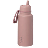 Pink water bottle with a straw lid on a white background