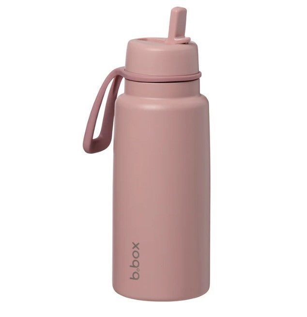 Pink water bottle with a straw lid on a white background