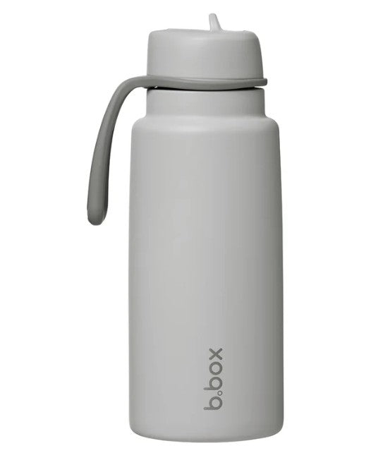 Gray water bottle with a straw lid on a white background