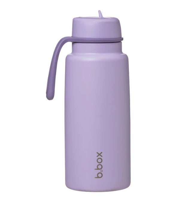 Purple water bottle with a handle on a white background