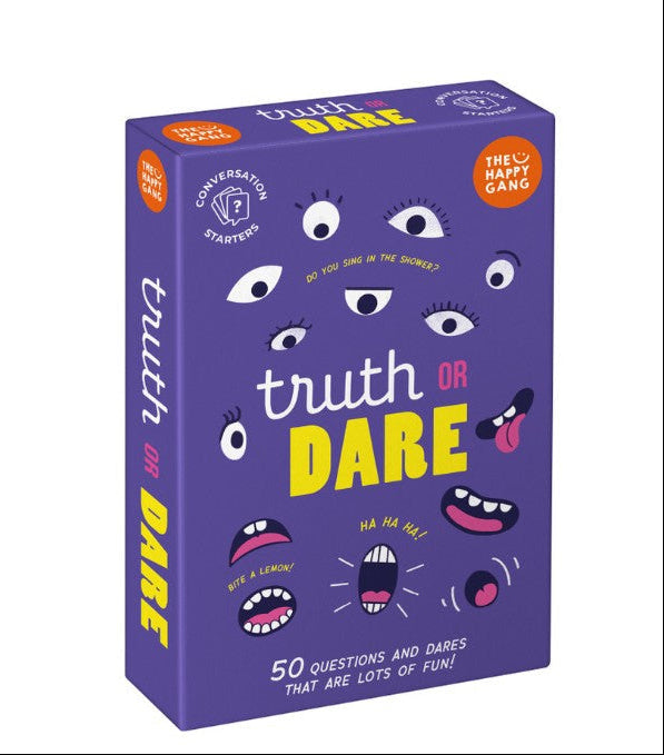 Purple box of 'Truth or Dare' game with cartoon faces and text on a white background