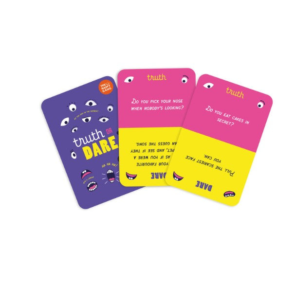 Four colorful 'truth or dare' cards on a white background