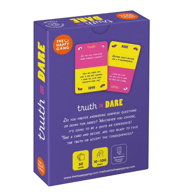 Card game box for 'Truth or Dare' by The Happy Gang on a white background