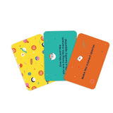 Three colorful cards with different designs and text on a white background