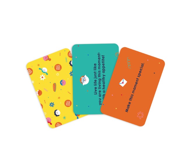 Three colorful cards with different designs and text on a white background