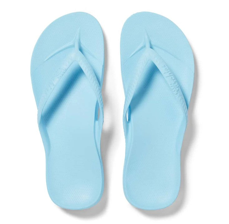 Pair of light blue flip-flops on a white background