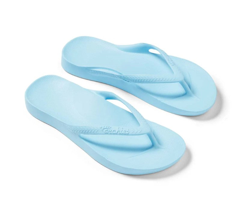 Pair of light blue flip-flops on a white background