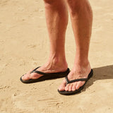 Person wearing black flip-flops on a sandy surface
