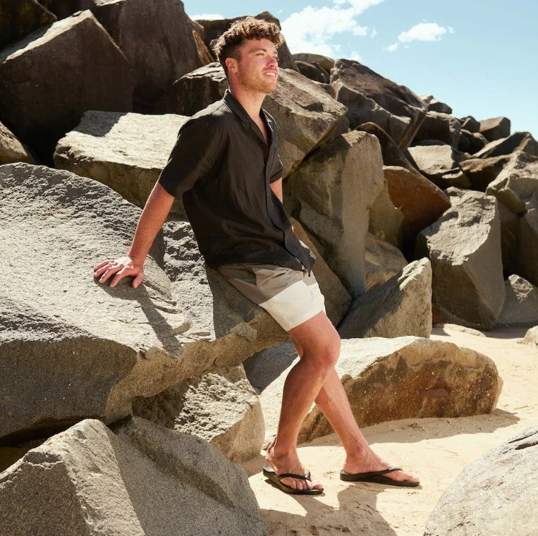 Man standing on large rocks with a clear sky background