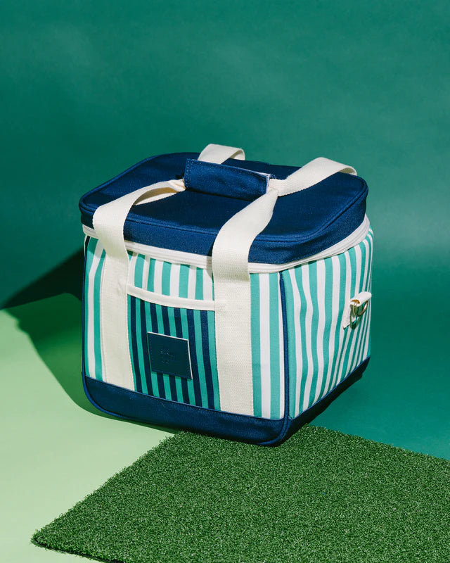 Striped cooler bag with blue lid on a green background