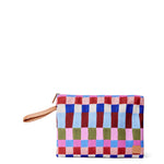 Multicolored checkered pouch with a strap on a white background