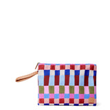 Multicolored checkered pouch with a strap on a white background