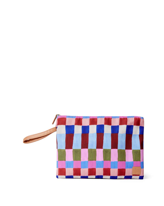 Multicolored checkered pouch with a strap on a white background