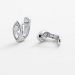 Pair of silver hoop earrings with clear gemstones on a white background