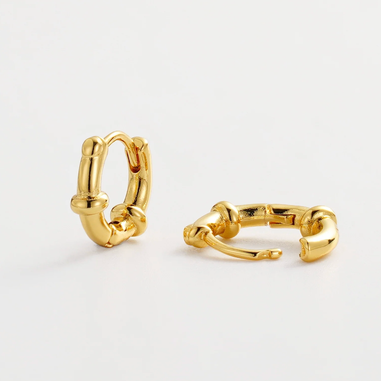 Gold hoop earrings on a light gray background