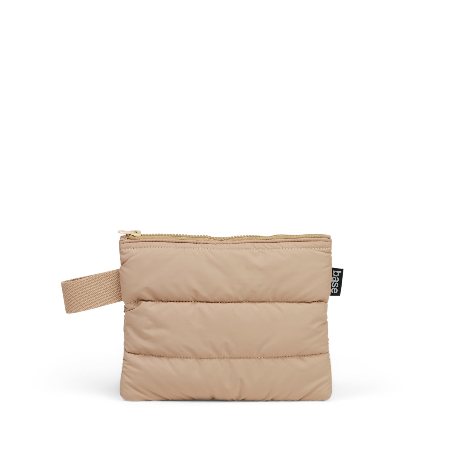 Beige pouch with a visible brand label on a white background